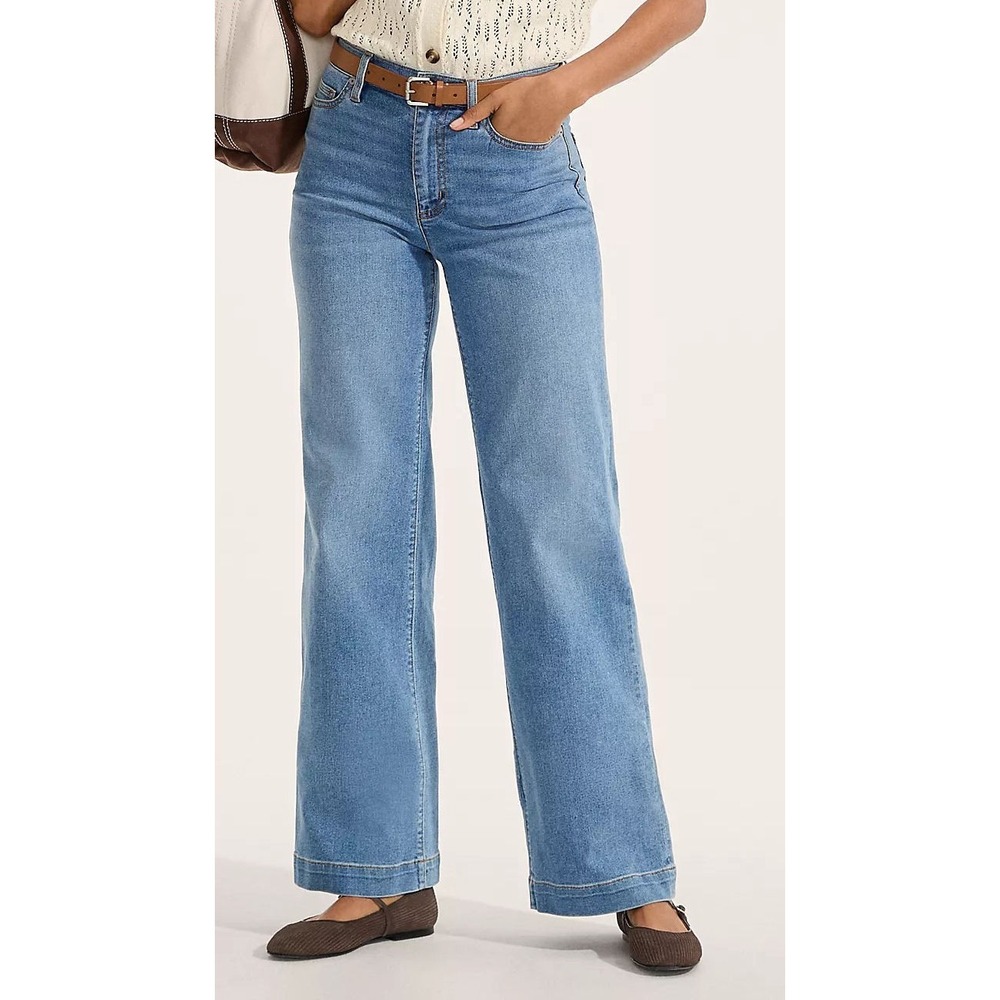 Lands' End Women's High Rise Wide Leg Stretch‎ Denim Jeans - Med Wash - Sz 16T